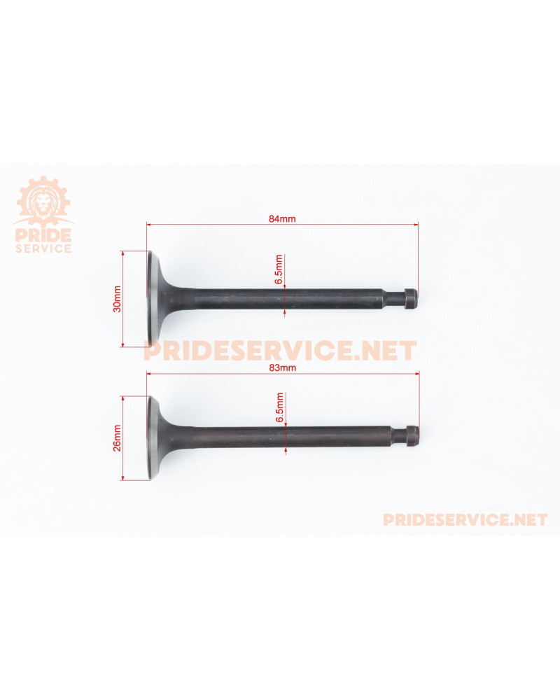 Клапана впускний (H-84; D-30; d-6,5), випускний (H-83; D-26; d-6,5) к-кт 2шт 73F/177F+пружина-2шт+сухар-2шт+компенсатор клапана -1шт