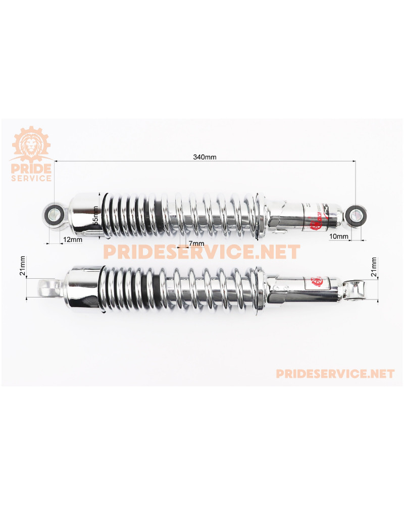Амортизатор задній JH/CB/CG-340мм*d-55мм (втулка 12мм / втулка 10мм) стакан, регул., хром к-кт 2шт