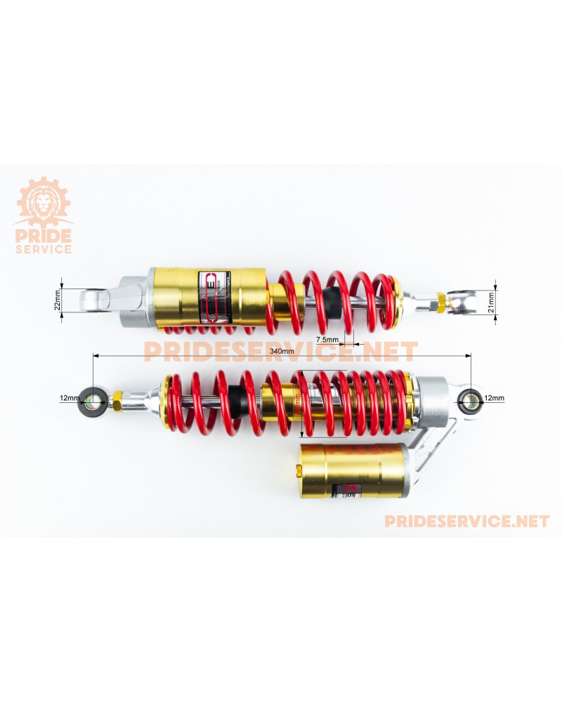 Амортизатор задній JH/CB/CG - 340мм*d60мм (втулка 12мм / втулка 10;12мм) газовий регул., червоно-золотий к-кт 2шт