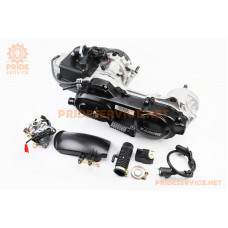 Двигун скутерний в зборі 4Т-80куб (довгий варіатор, довгий вал)+карбюратор, комутатор, котушка запалювання, бризковик