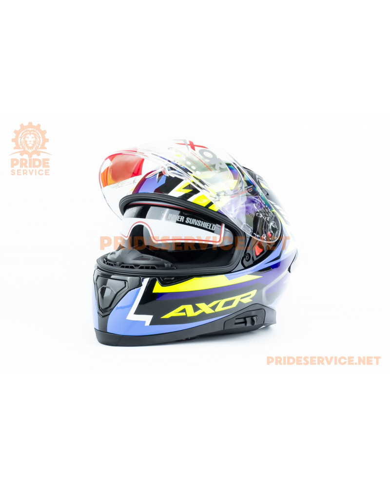 Шолом інтеграл APEX STREAK з пінлоком (стандарт DOT/ECE), висувні сонцезахисні окуляри S (55-56см), чорно-синьо-салатовий Шолом інтеграл APEX STREAK з пінлоком (стандарт DOT/ECE), висувні сонцезахисні окуляри S (55-56см), чорно-синьо-салатовий