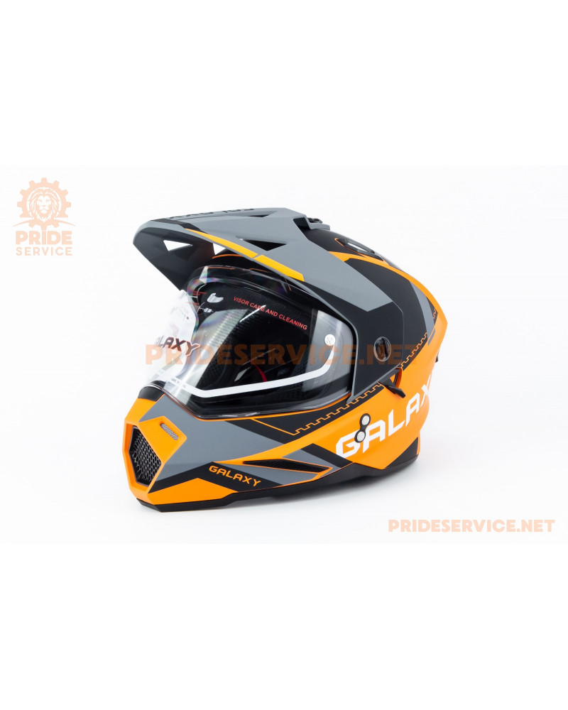 Шолом кросовий з візором (стандарт DOT), висувні окуляри GLX-802 L (59-60см), чорно-помаранчевий мат