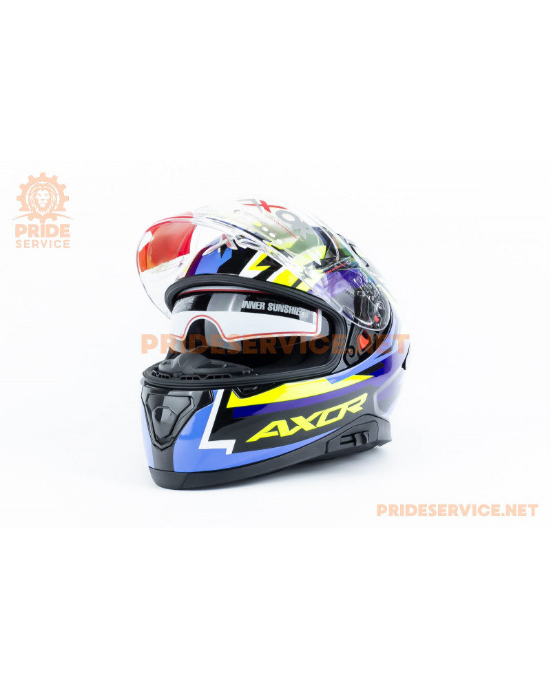 Шолом інтеграл APEX STREAK з пінлоком (стандарт DOT/ECE), висувні сонцезахисні окуляри М (57-58см), чорно-синьо-салатовий Шолом інтеграл APEX STREAK з пінлоком (стандарт DOT/ECE), висувні сонцезахисні окуляри М (57-58см), чорно-синьо-салатовий