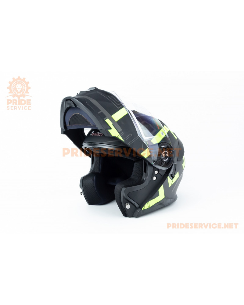 Шолом модуляр з відкидним підборіддям (стандарт DOT), висувні окуляри GLX-912 S (55-56см), чорно-салатовий мат