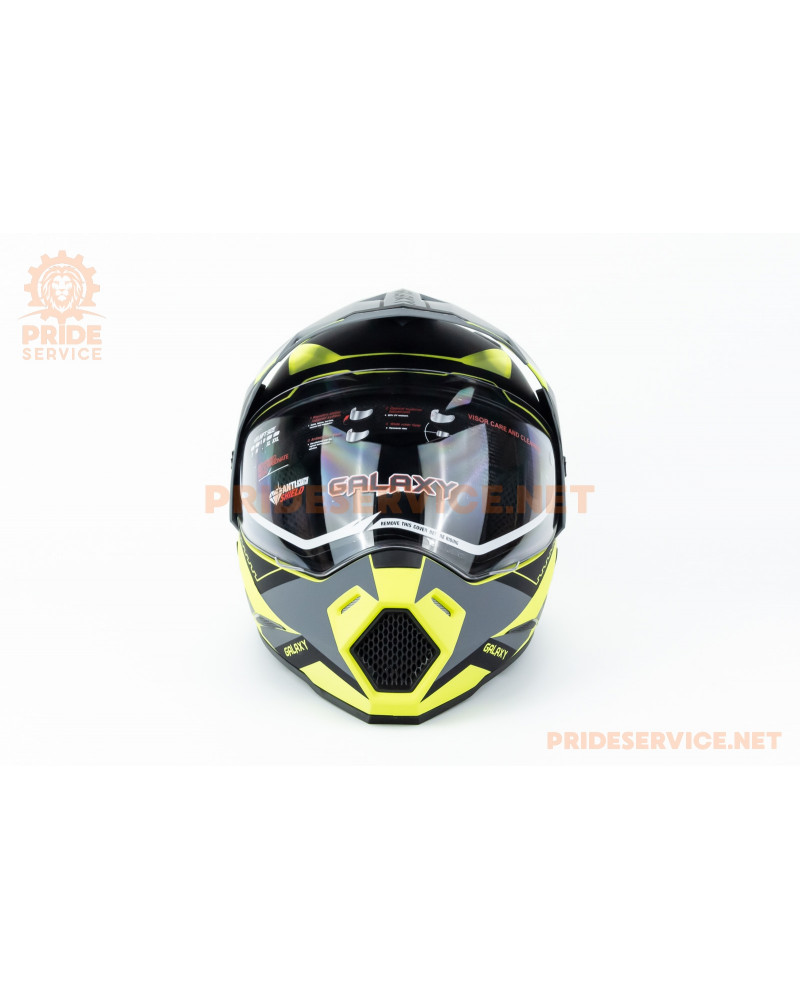 Шолом кросовий з візором (стандарт DOT), висувні окуляри GLX-802 L (59-60см), чорно-салатовий мат