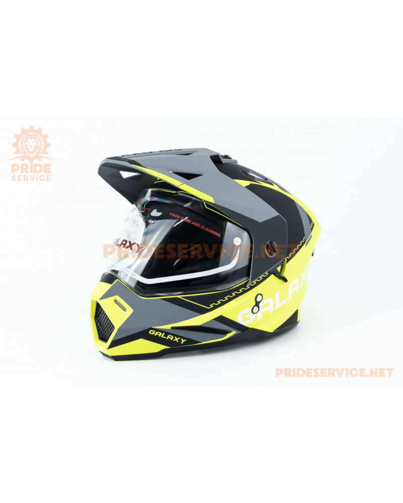 Шолом кросовий з візором (стандарт DOT), висувні окуляри GLX-802 L (59-60см), чорно-салатовий мат