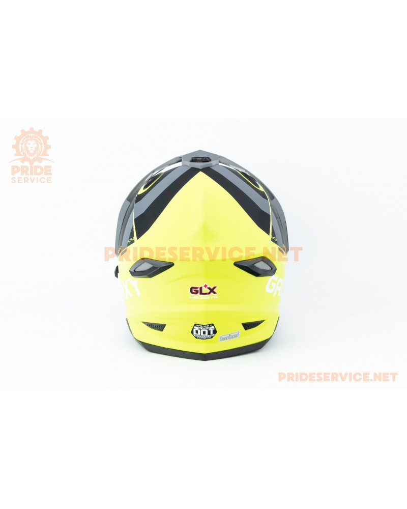 Шолом кросовий з візором (стандарт DOT), висувні окуляри GLX-802 L (59-60см), чорно-салатовий мат