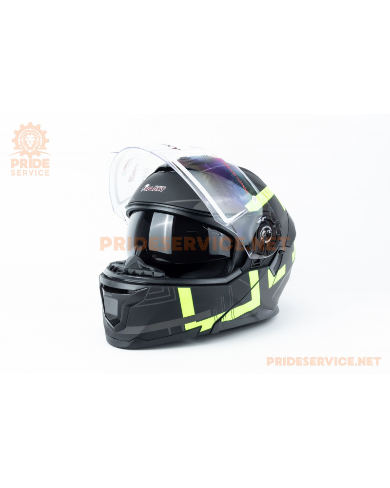 Шолом модуляр з відкидним підборіддям (стандарт DOT), висувні окуляри GLX-912 M (57-58см), чорно-салатовий мат