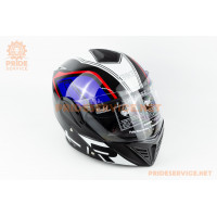 Шолом модуляр, закритий з відкидним підборіддям+окуляри 285 М, чорний з червоно-синьо-сірим малюнком QIKE