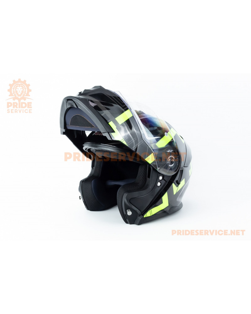 Шолом модуляр з відкидним підборіддям (стандарт DOT), висувні окуляри GLX-912 L (59-60см), чорно-салатовий