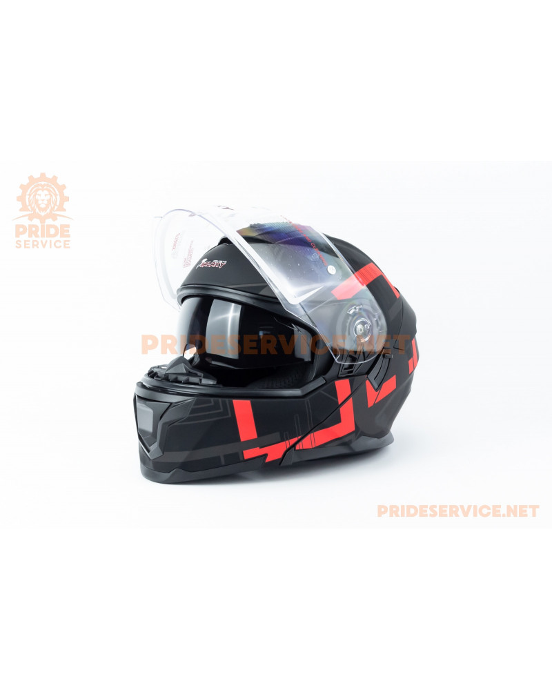 Шолом модуляр з відкидним підборіддям (стандарт DOT), висувні окуляри GLX-912 M (57-58см), чорно-червоний мат