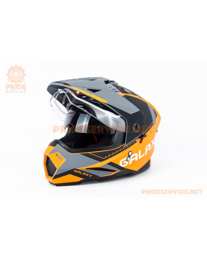 Шолом кросовий з візором (стандарт DOT), висувні окуляри GLX-802 S (55-56см), чорно-помаранчевий мат