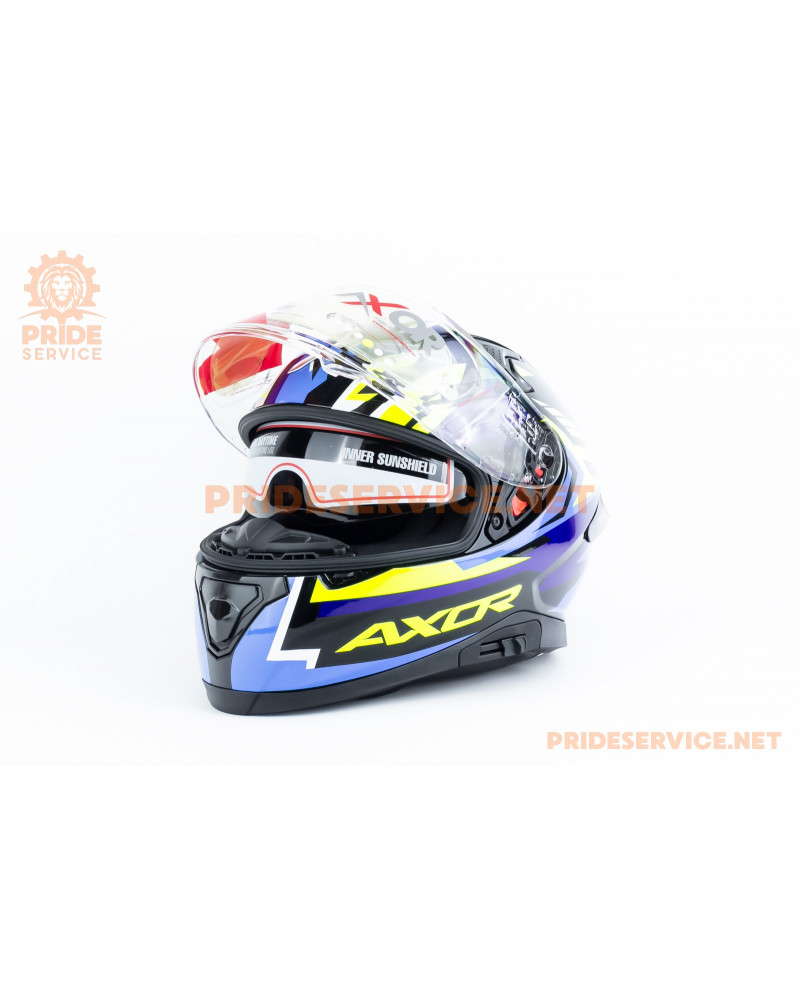 Шолом інтеграл APEX STREAK з пінлоком (стандарт DOT/ECE), висувні сонцезахисні окуляри L (59-60см), чорно-синьо-салатовий Шолом інтеграл APEX STREAK з пінлоком (стандарт DOT/ECE), висувні сонцезахисні окуляри L (59-60см), чорно-синьо-салатовий