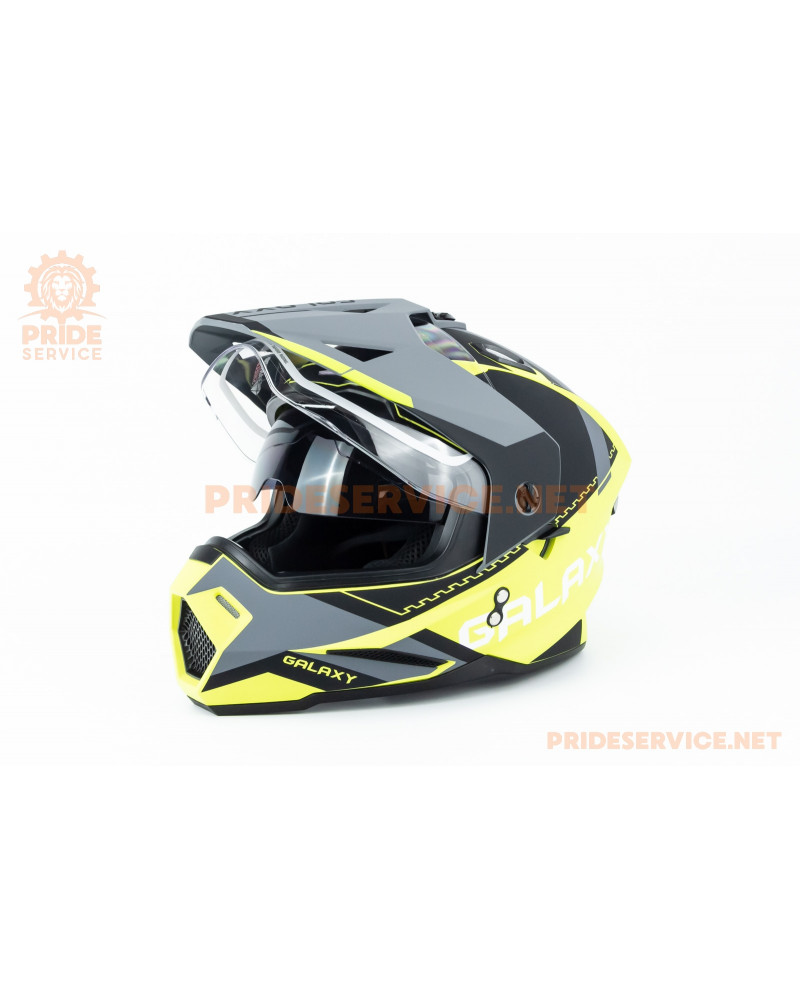 Шолом кросовий з візором (стандарт DOT), висувні окуляри GLX-802 S (55-56см), чорно-салатовий мат