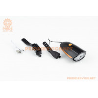 Ліхтар передній 1 діод+дзвінок 4 мелодії, Li-ion 3.7V 1200mAh зарядка від USB, вологозахисний, чорно-помаранчевий FY-058