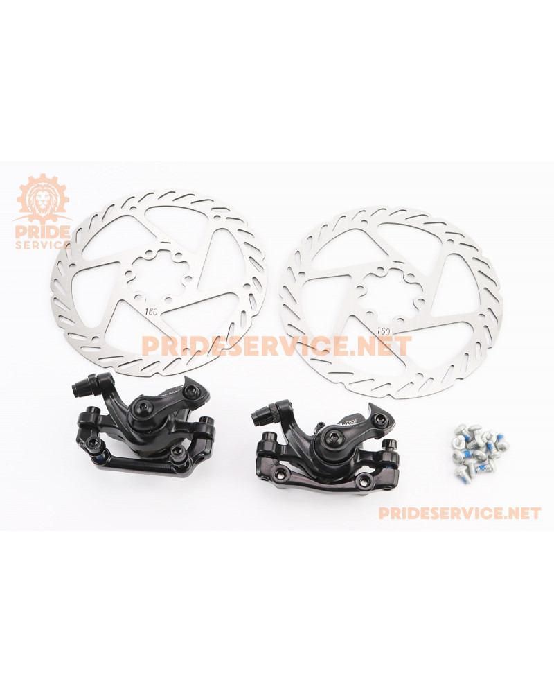 Гальмо Disk-brake переднє (F160/R140мм)+заднє (F180/R160мм), диски 160мм, кріпл. 6 болтів, чорні DX-2005