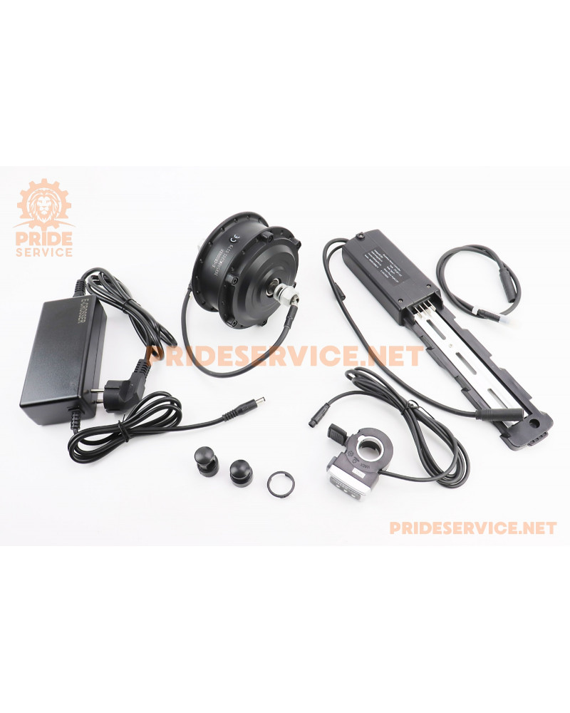 ЕЛЕКТРО-мотор переднього колеса 36V-500W, під Disk-brake, кріпл. гайка+контролер, ручка газу, зарядний пристрій (електровелосипед)