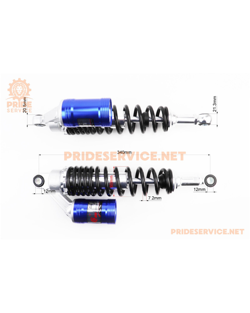 Амортизатор задній JH/CB/CG - 340мм*d60мм (втулка 10;12мм / втулка 10;12мм) газовий регул., чорний/синій к-кт 2шт