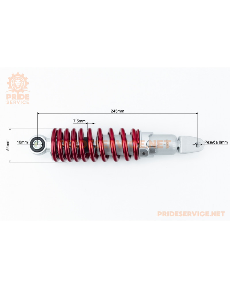 Амортизатор задній GY6/Yamaha-245мм*D-54мм (втулка 10мм / вилка 8мм) регулюв., червоний